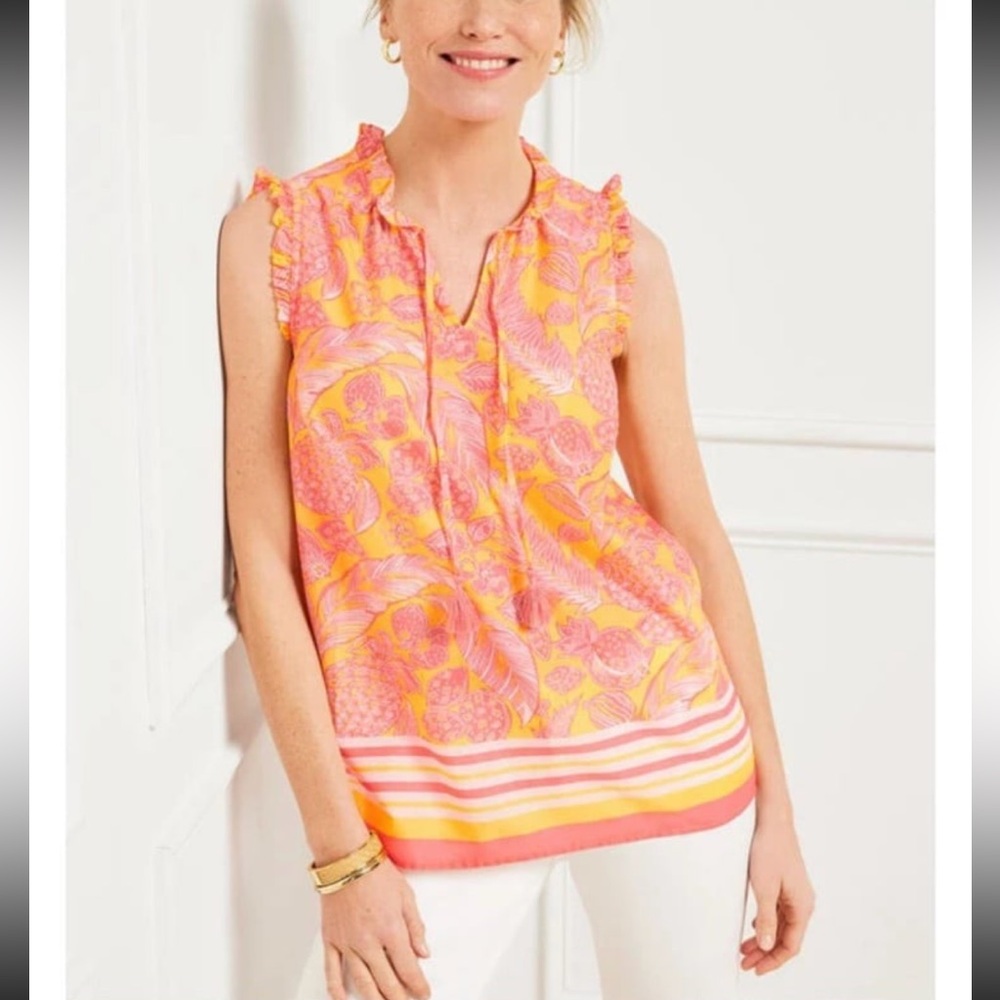 Talbot’s Island Pineapple Ruffle Trim Shell Sleeveless Top Size Small